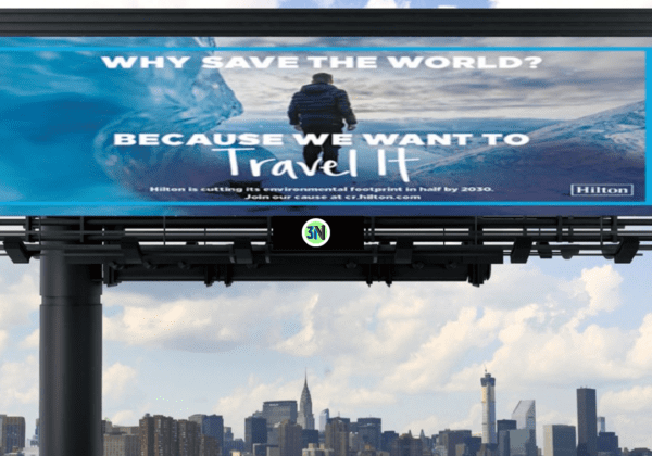 A billboard with a view of the city and water.